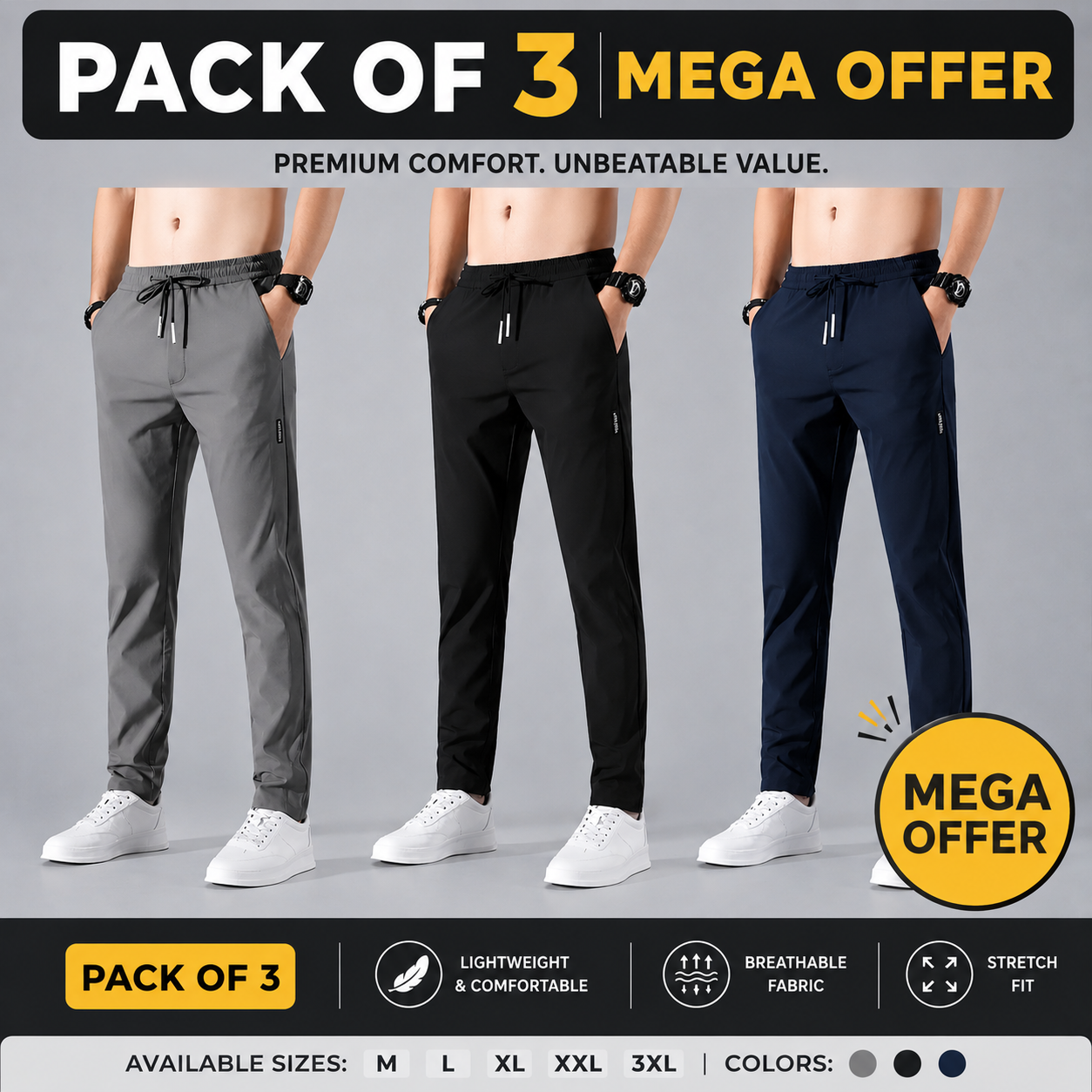 Pack of 3 Offer 😍 Premium Lycra Men's Track Pants | Black, Blue & Grey
